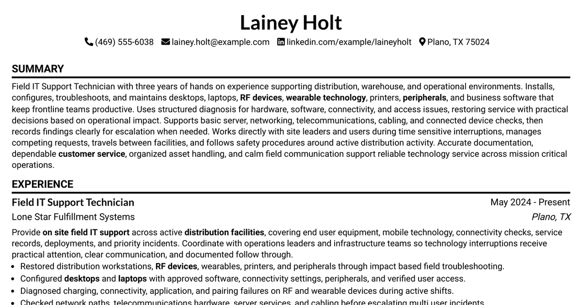 7 Field IT Support Technician - Distribution Operations Resume Templates with Example