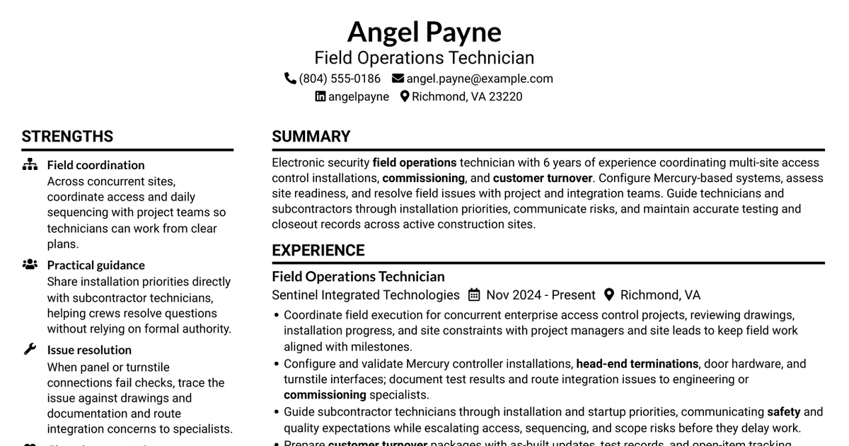 7 Field Operations Technician - Electronic Security Systems Resume Templates with Example