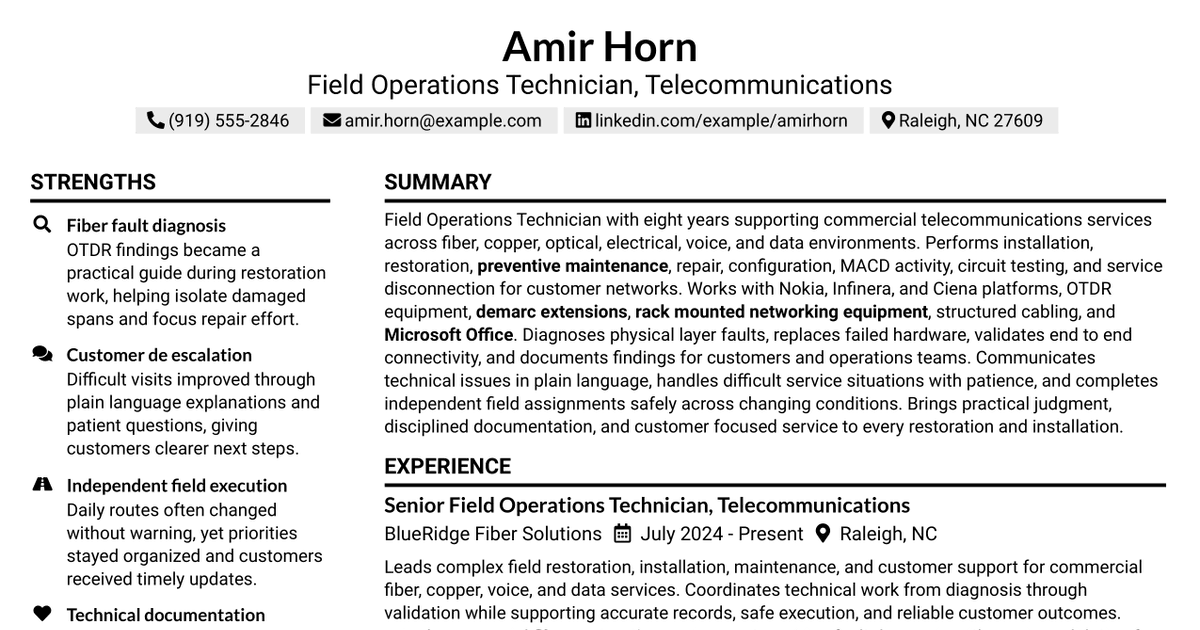 7 Field Operations Technician - Telecommunications Resume Templates with Example