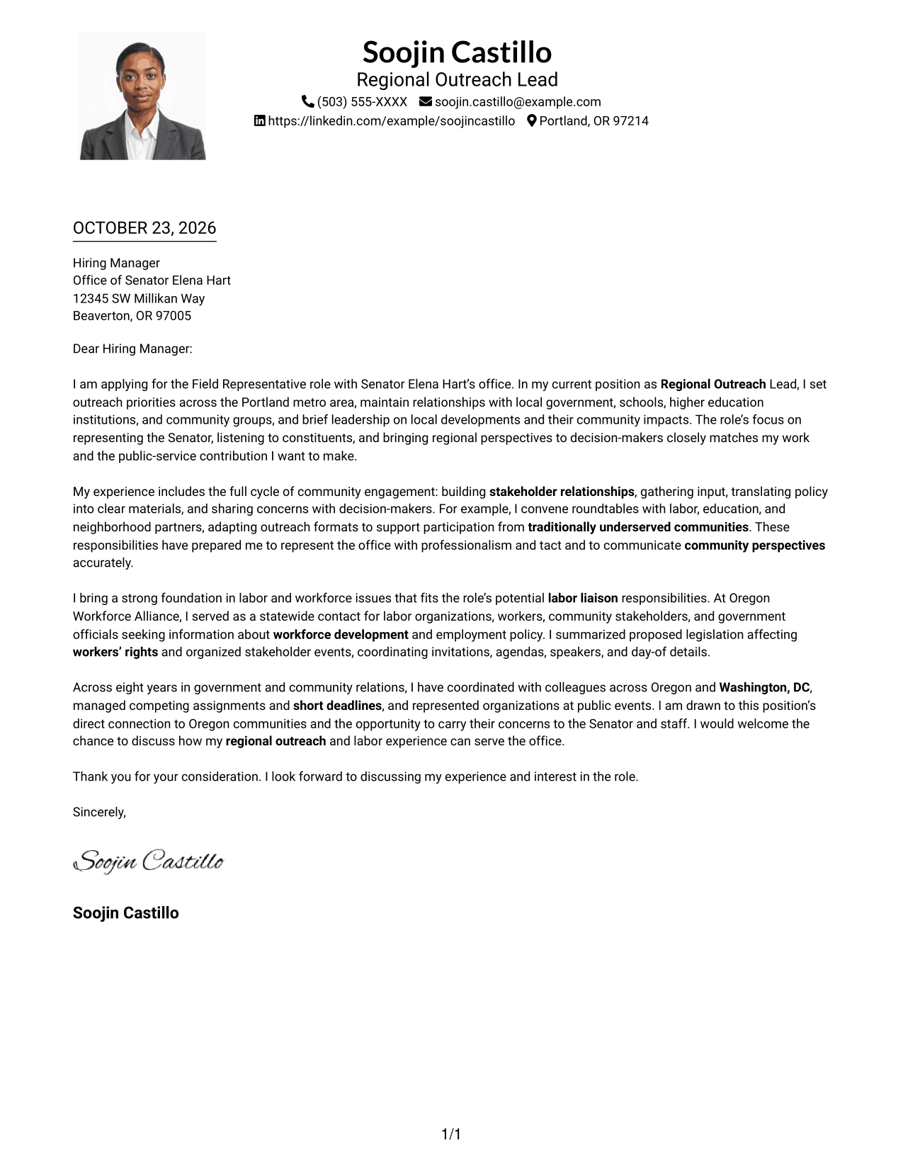 Cover letter example — page 1