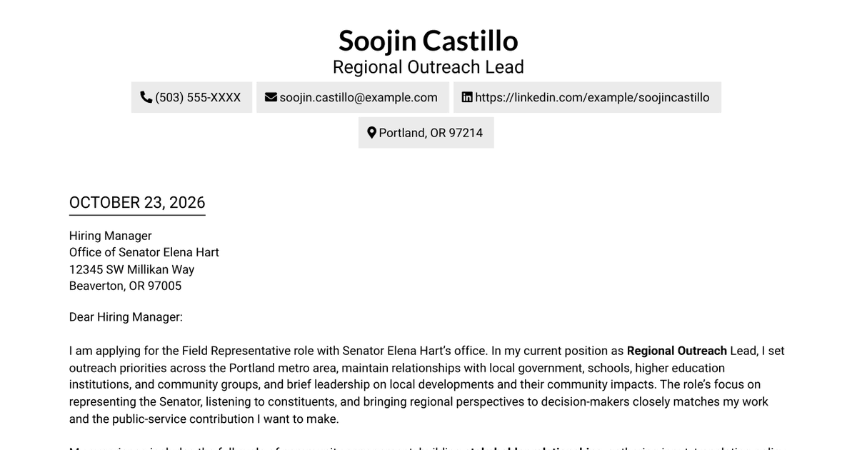 Field Representative - Government and Community Relations Cover Letter