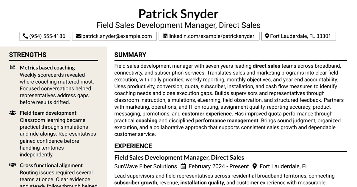 7 Field Sales Development Manager - Direct Sales Resume Templates with Example