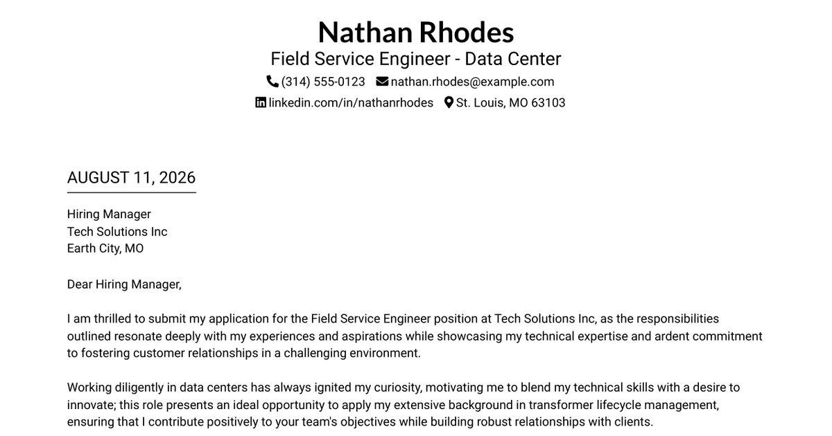 30+ Field Service Engineer - Data Center Cover Letter Templates with Example 2026
