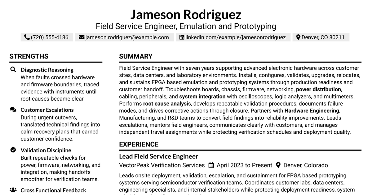 7 Field Service Engineer - Emulation and Prototyping Resume Templates with Example
