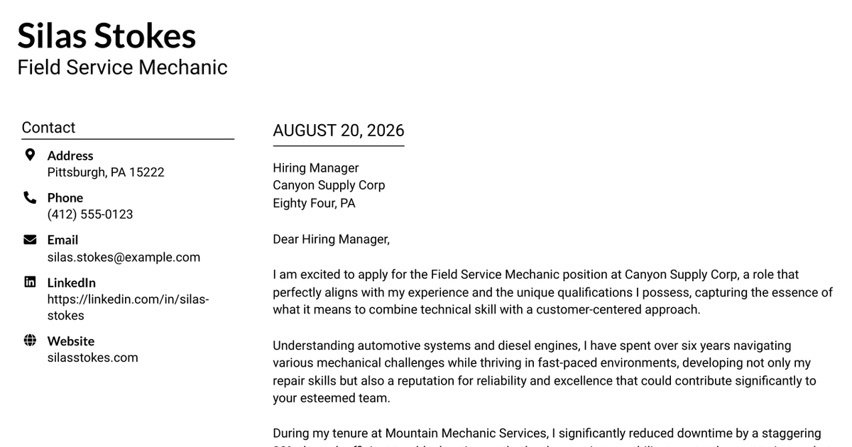 30+ Field Service Mechanic Cover Letter Templates with Example 2026