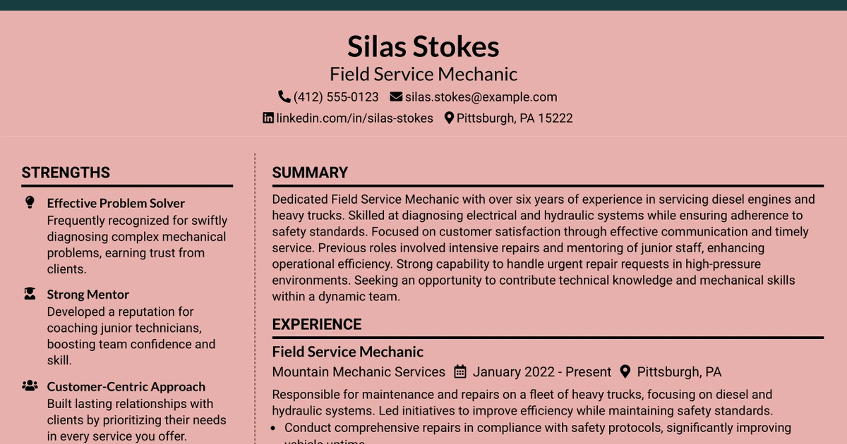 33 Field Service Mechanic Resume Templates with Example 2026 (ATS-Optimized)