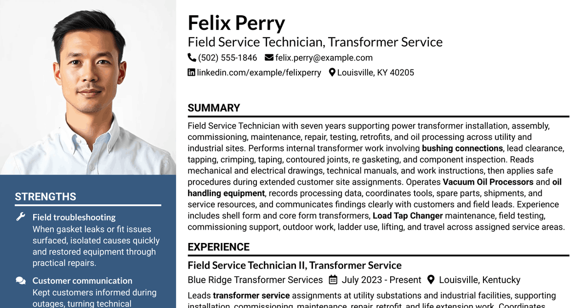 7 Field Service Technician Class B - Transformer Service Resume Templates with Example