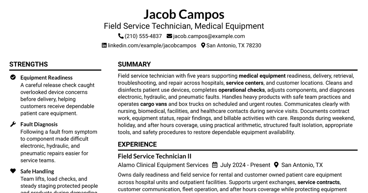 7 Field Service Technician I - Medical Equipment Resume Templates with Example