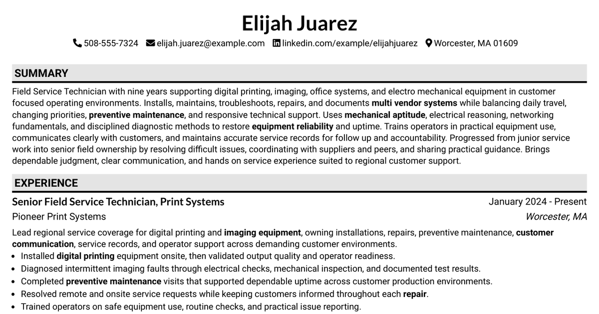 7 Field Service Technician Resume Templates with Example