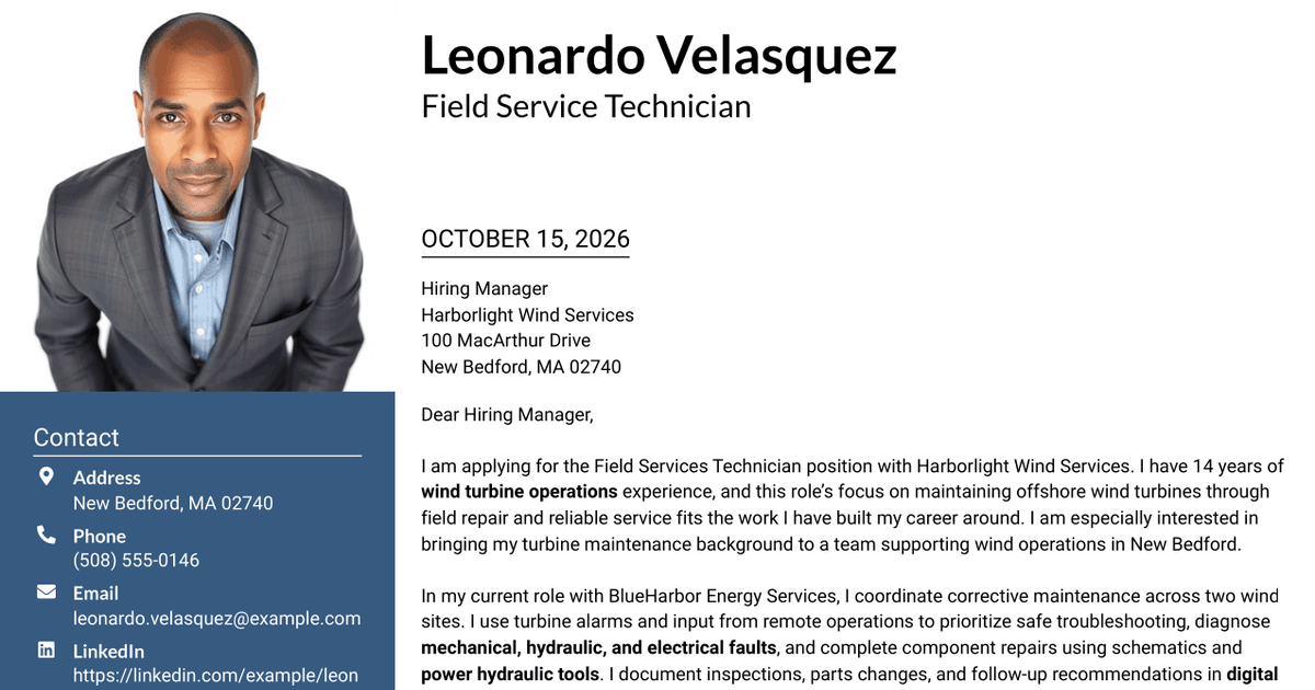 7 Field Services Technician - Offshore Wind Turbine Maintenance Cover Letter Templates with Example