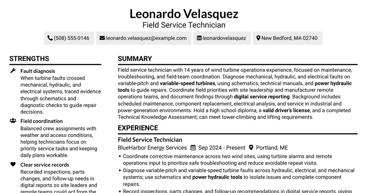 7 Field Services Technician - Offshore Wind Turbine Maintenance Resume Templates with Example