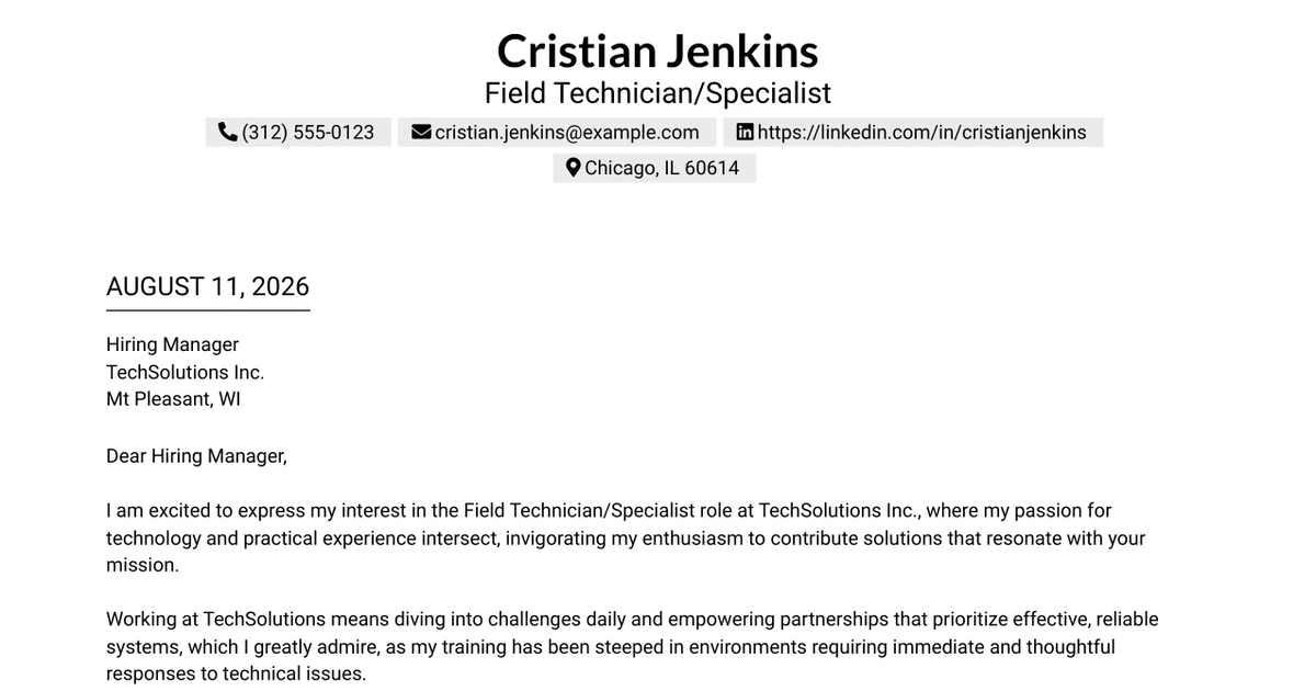 30+ Field Technician/Specialist Cover Letter Templates with Example 2026