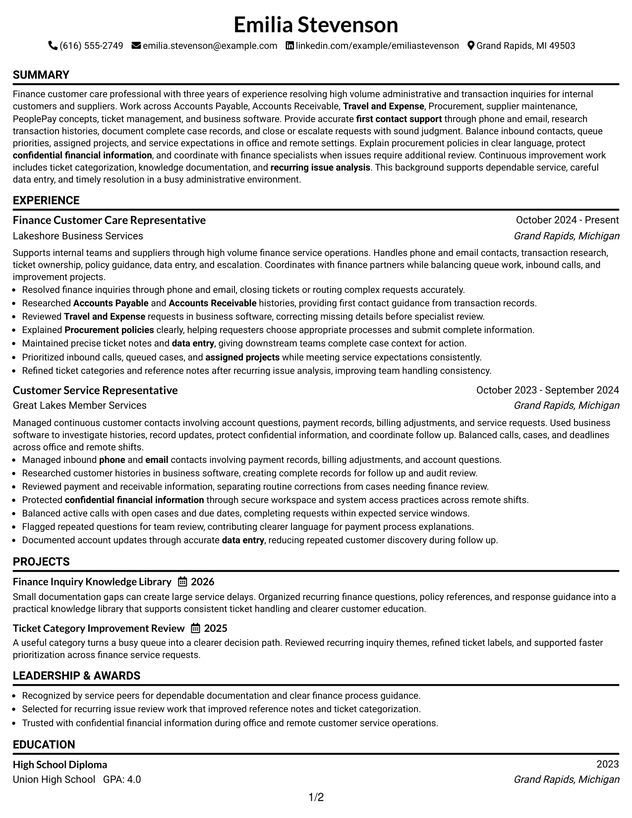 Resume Example Page 1