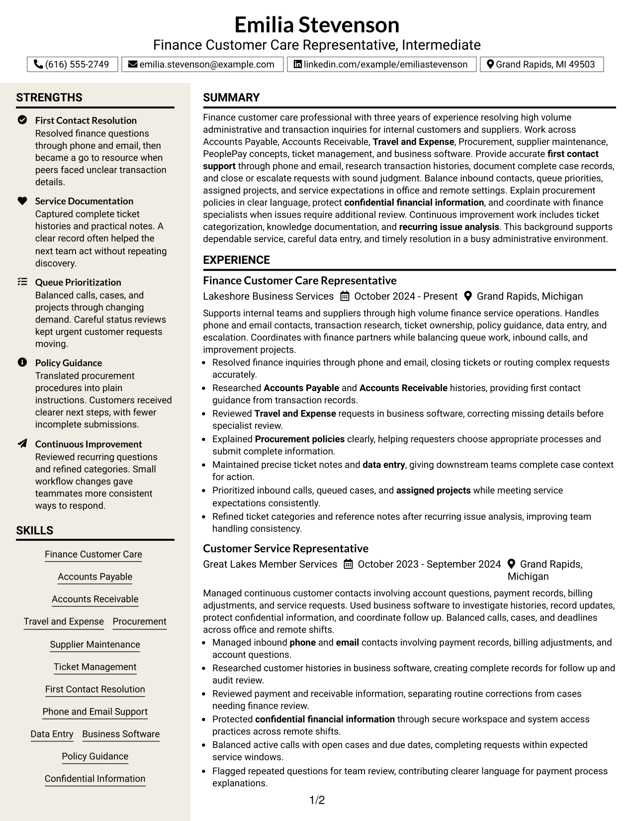 Resume Example Page 1
