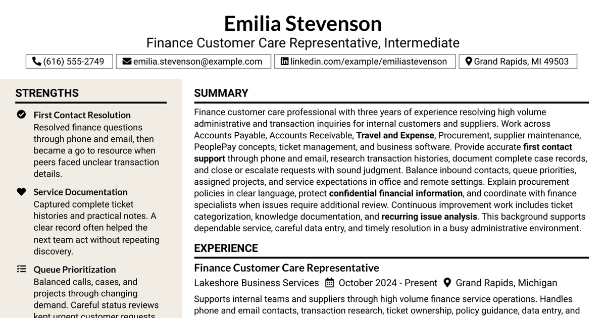 7 Finance Customer Care Representative Intermediate Resume Templates with Example