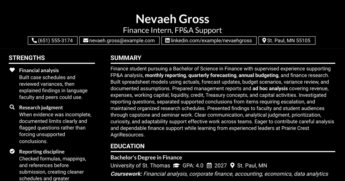 33 Finance Intern - FP&A Support Resume Templates with Example 2026 (ATS-Optimized)
