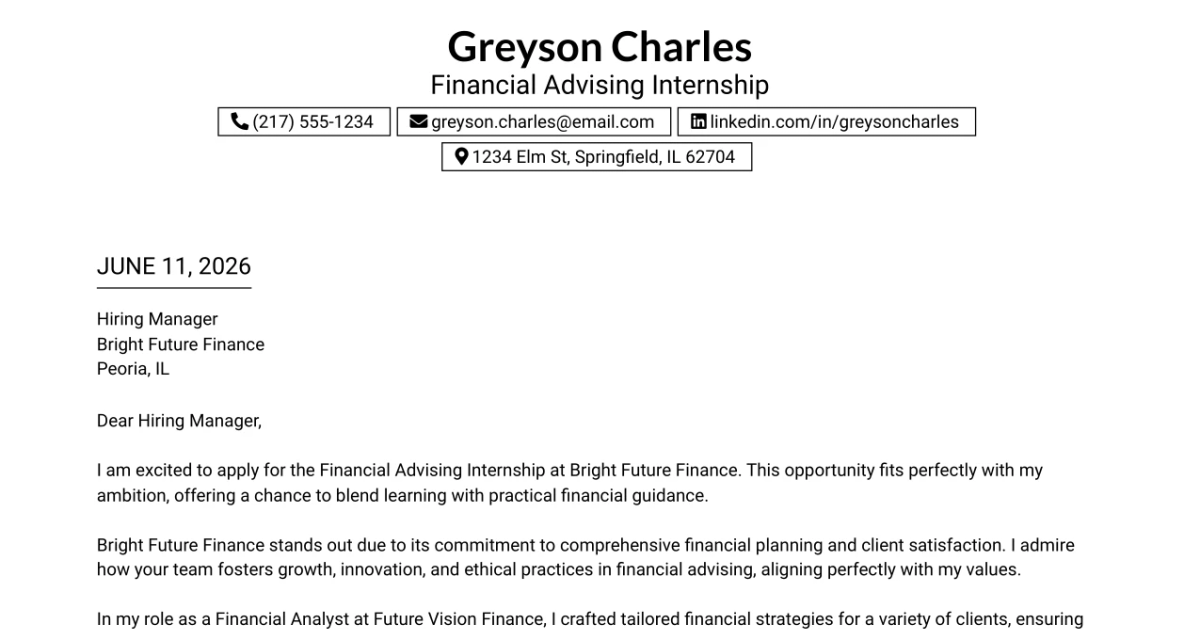 30+ Financial Advising Internship Cover Letter Templates with Example 2026