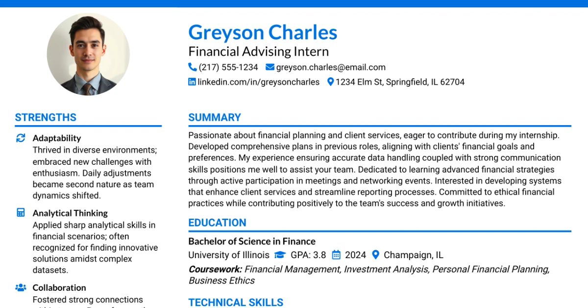 33 Financial Advising Internship Resume Templates with Example 2026 (ATS-Optimized)
