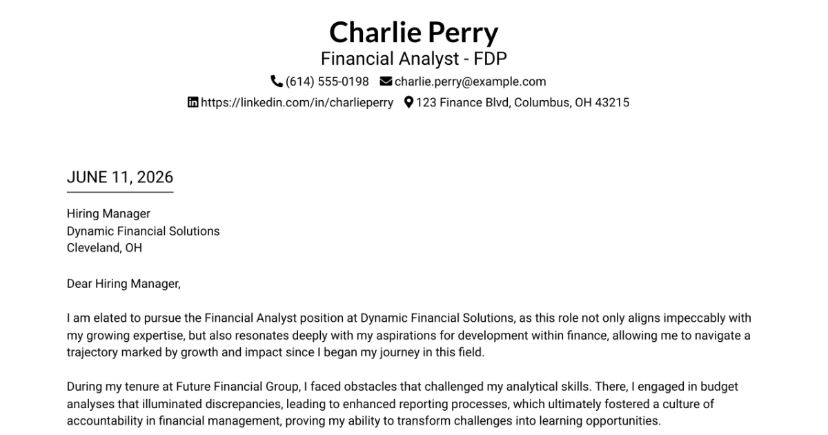 30+ Financial Analyst - FDP Cover Letter Templates with Example 2026