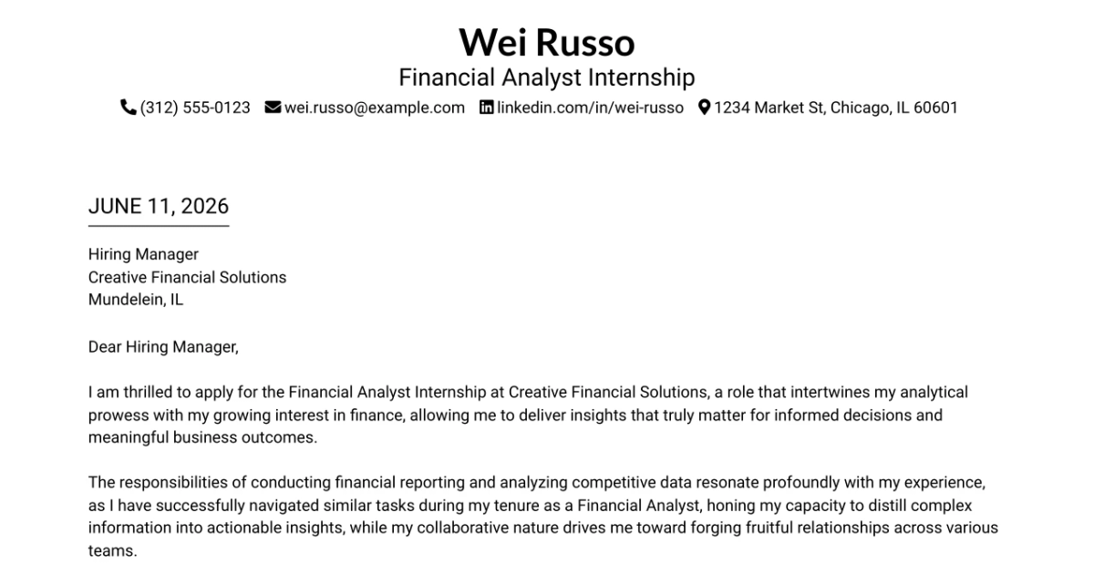 30+ Financial Analyst Internship Cover Letter Templates with Example 2026