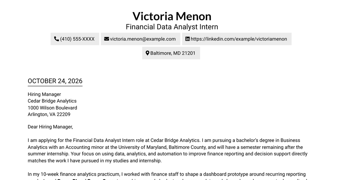 Financial Data Analyst Intern Cover Letter