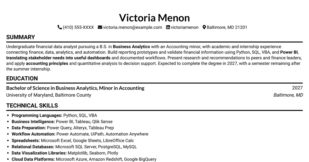 Financial Data Analyst Intern Resume