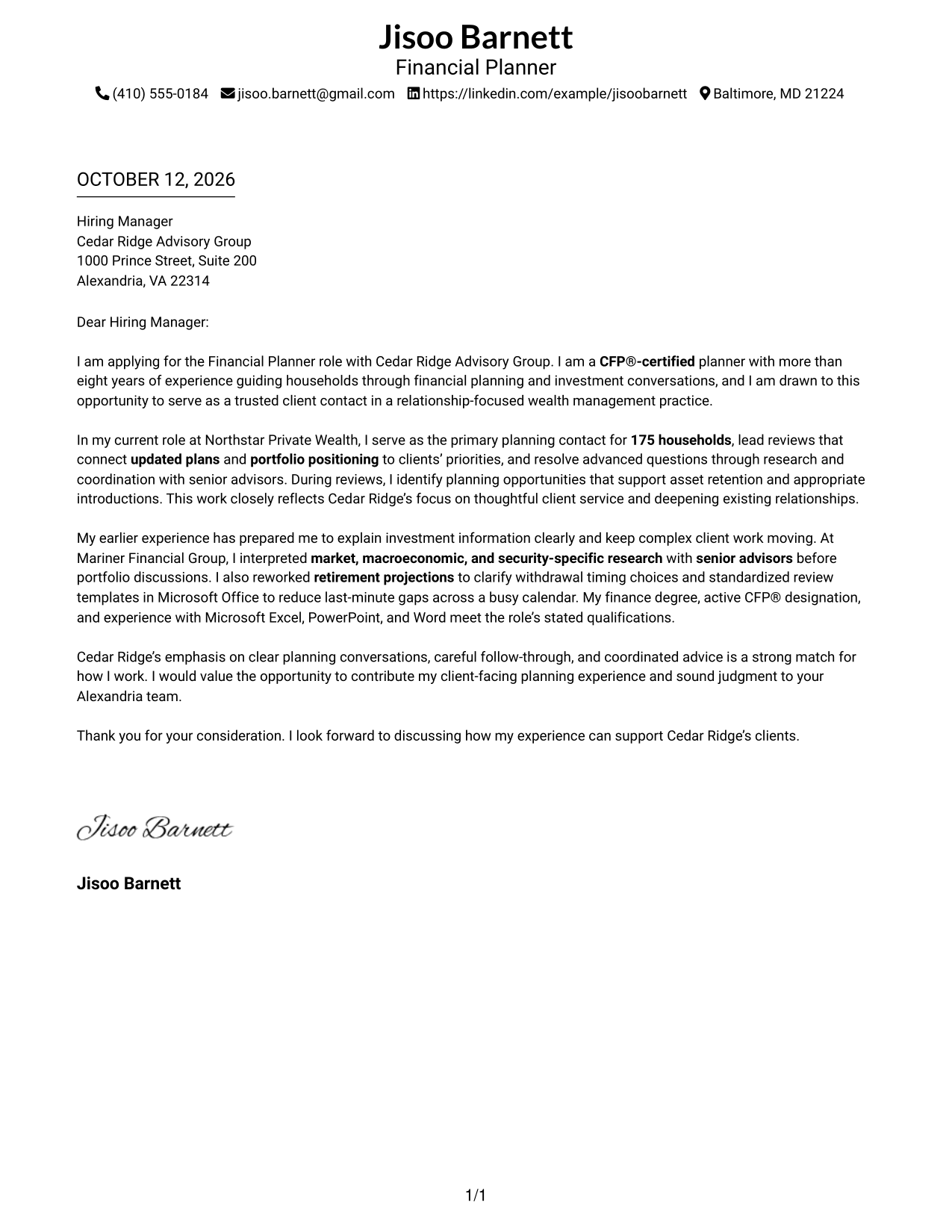 Cover Letter Example Page 1