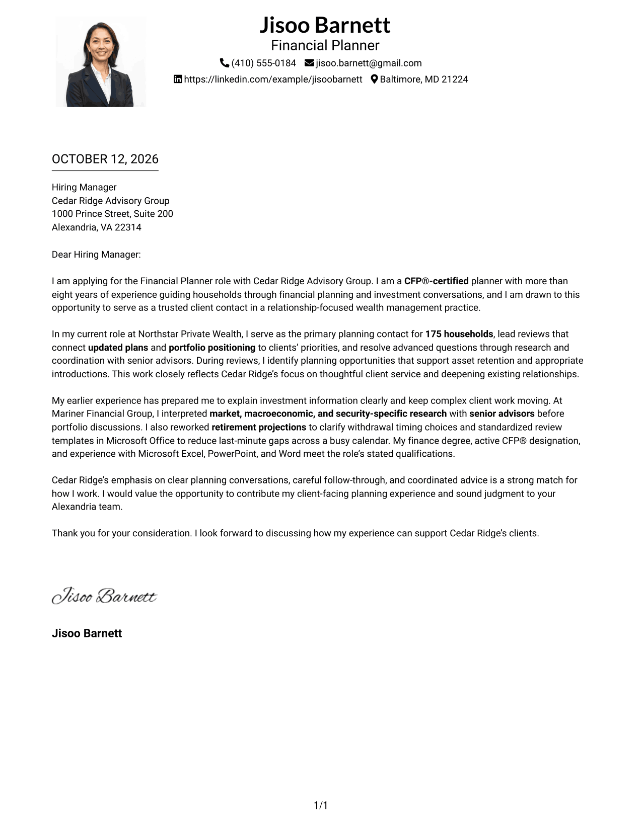 Cover Letter Example Page 1