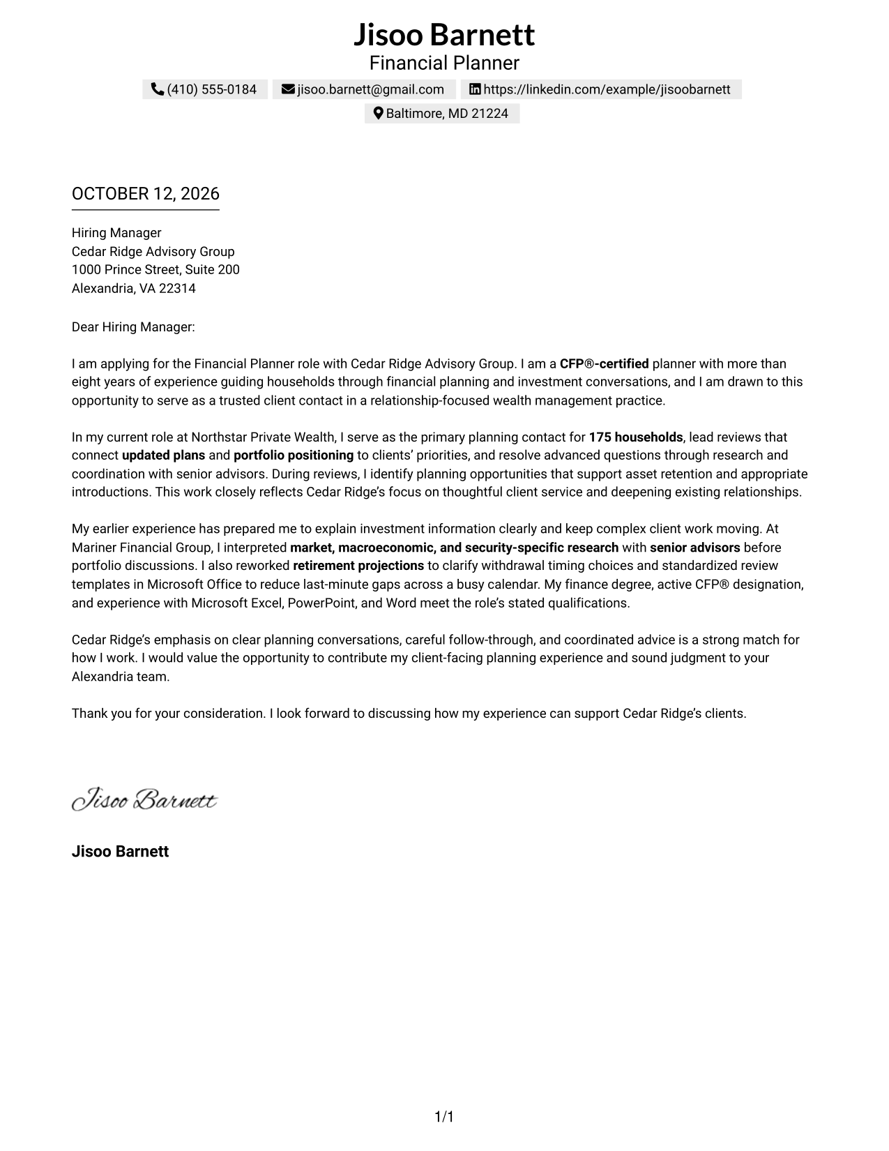 Text/Fang Style Cover Letter Preview