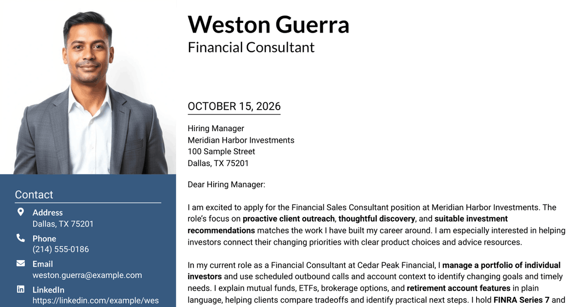 7 Financial Sales Consultant - Investment Products Cover Letter Templates with Example