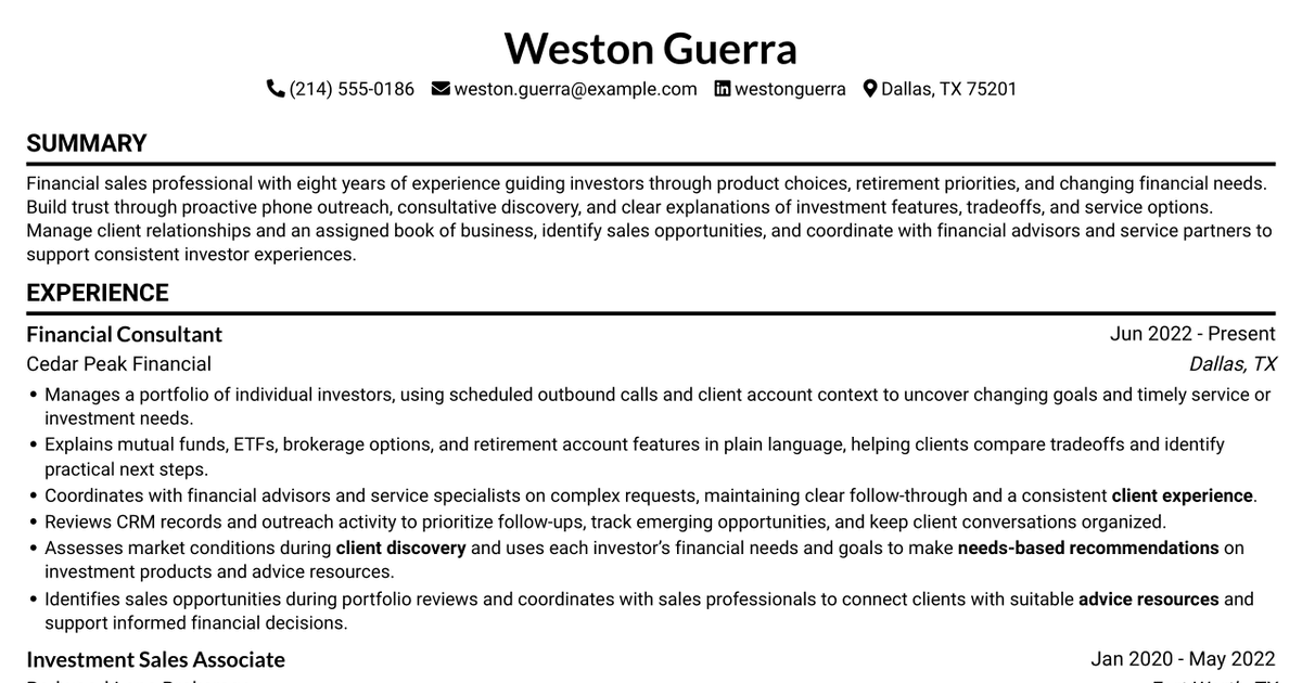 7 Financial Sales Consultant - Investment Products Resume Templates with Example