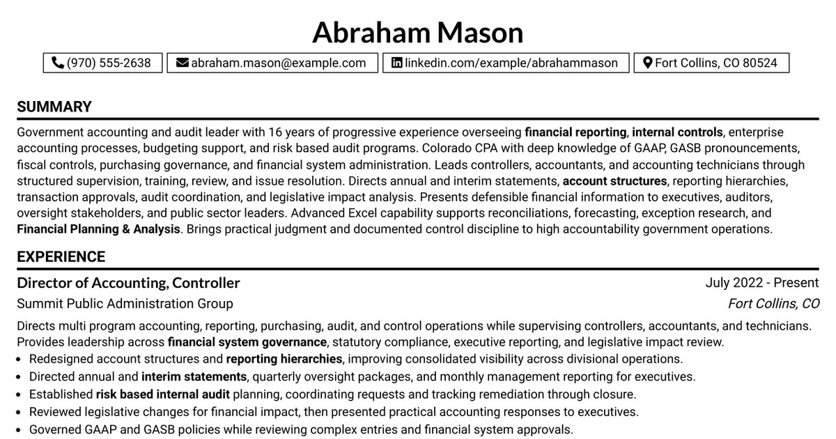 33 Financial Services Unit Manager / Controller III - Government Accounting Resume Templates with Example 2026 (ATS-Optimized)
