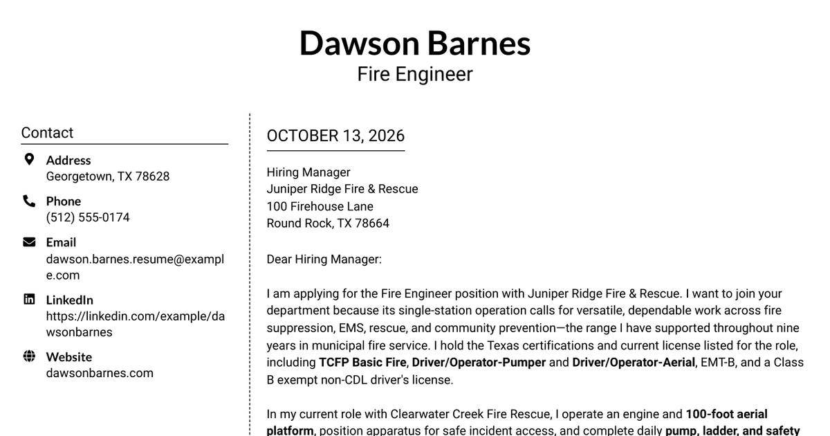 7 Fire Engineer - Fire Apparatus Operations Cover Letter Templates with Example