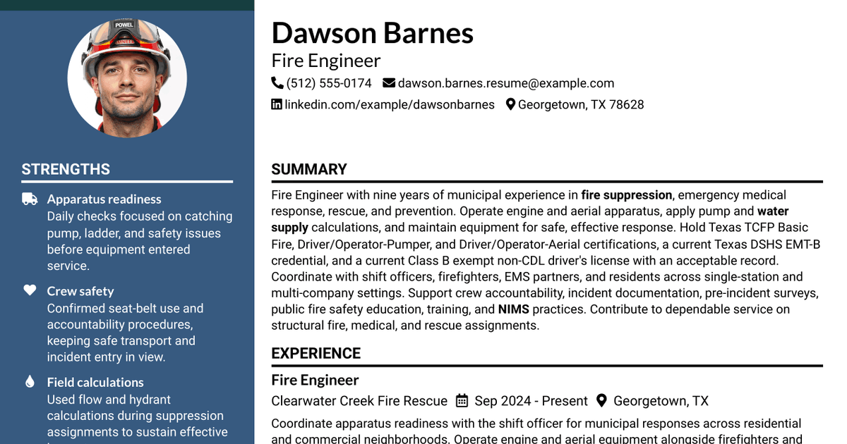 7 Fire Engineer - Fire Apparatus Operations Resume Templates with Example