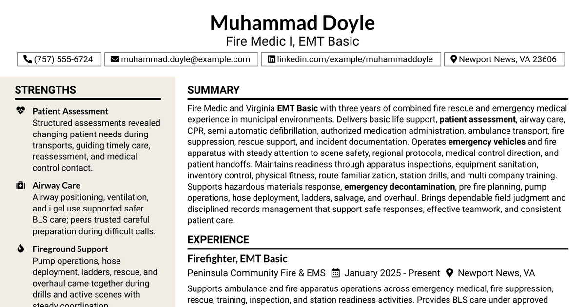 7 Fire Medic I (EMT-Basic) Resume Templates with Example