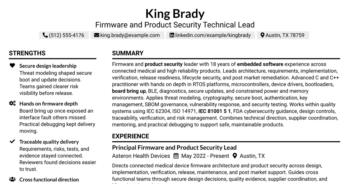 7 Firmware and Product Security Technical Lead Resume Templates with Example