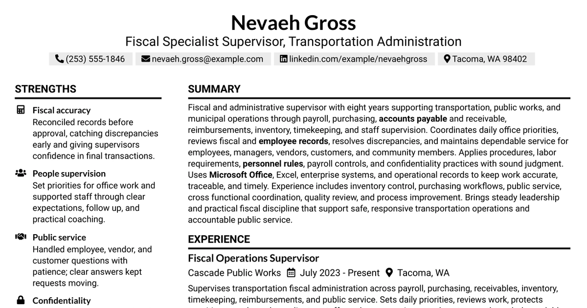 33 Fiscal Specialist Supervisor - Transportation Administration Resume Templates with Example 2026 (ATS-Optimized)