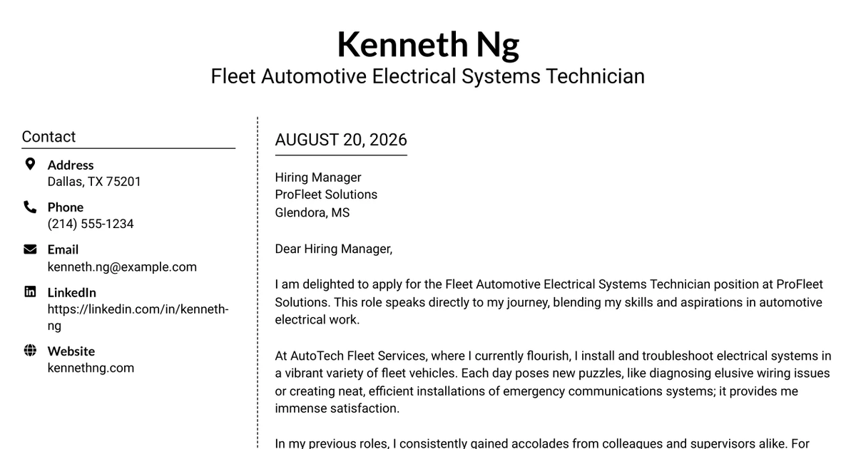 30+ Fleet Automotive Electrical Systems Technician Cover Letter Templates with Example 2026