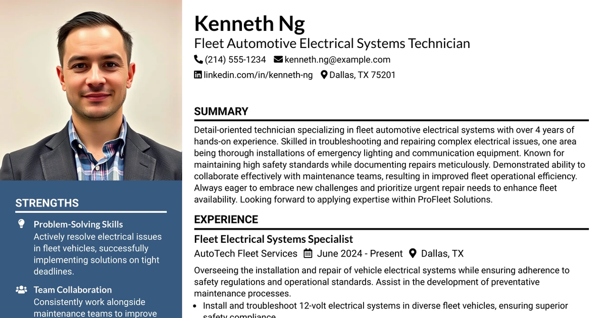 33 Fleet Automotive Electrical Systems Technician Resume Templates with Example 2026 (ATS-Optimized)