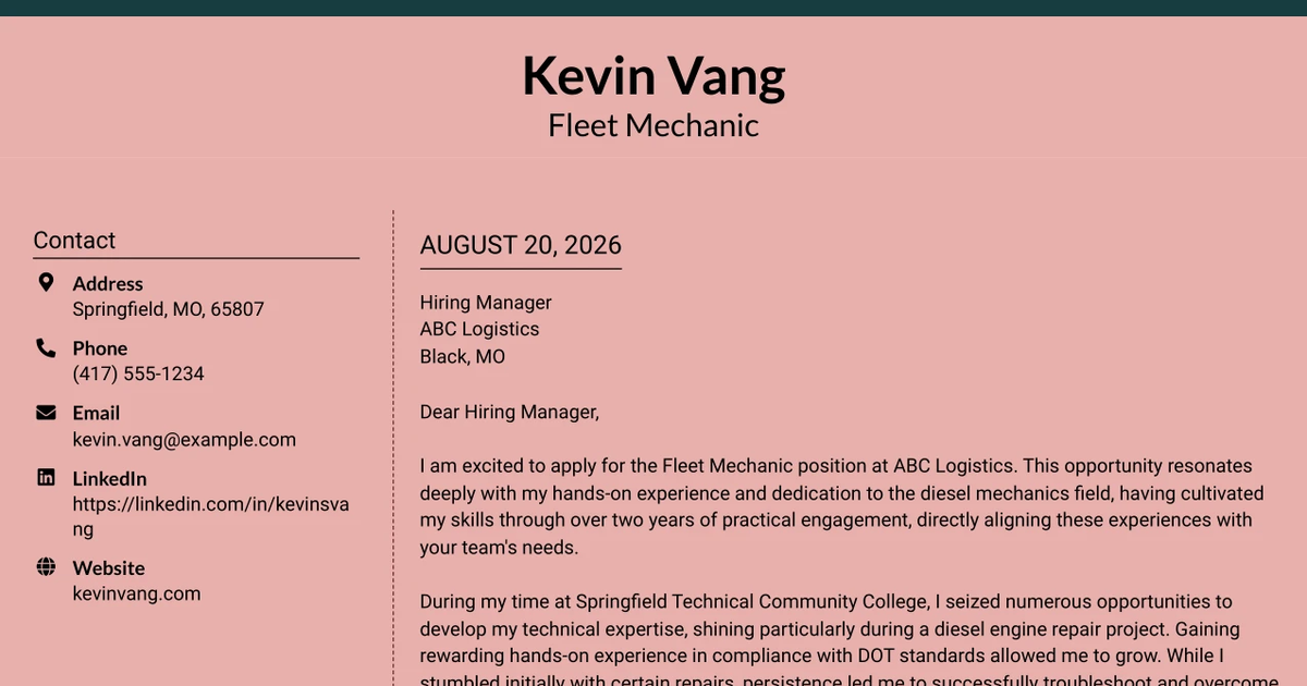 30+ Fleet Mechanic Cover Letter Templates with Example 2026