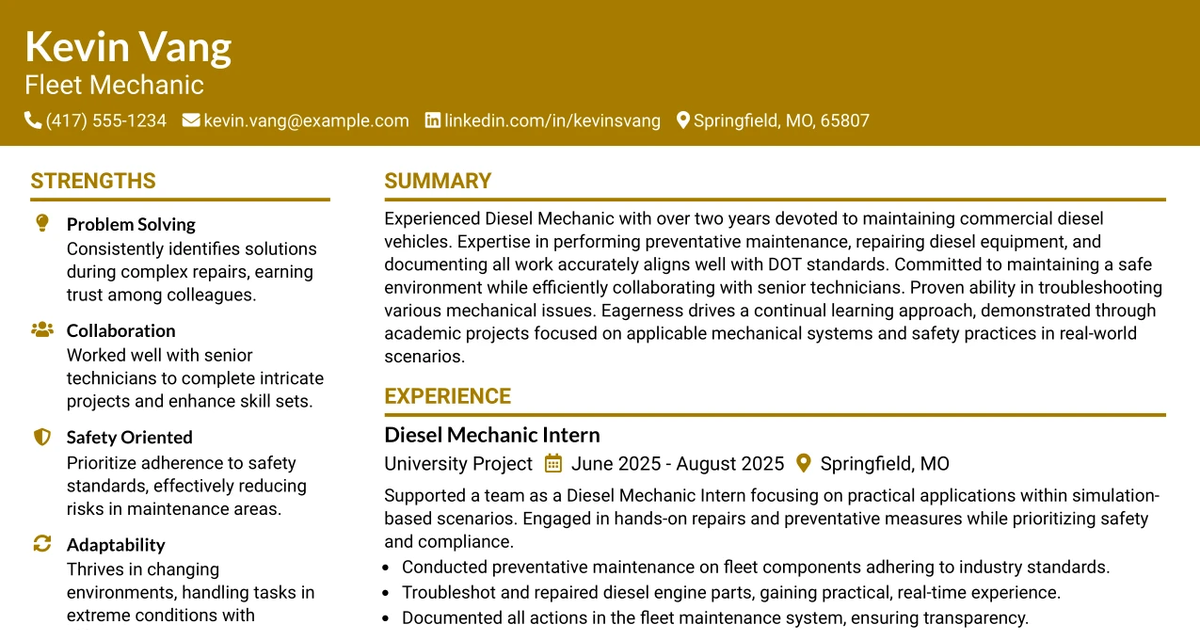 33 Fleet Mechanic Resume Templates with Example 2026 (ATS-Optimized)