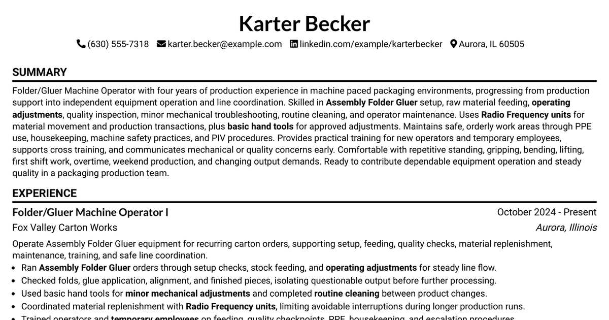 7 Folder/Gluer Machine Operator I Resume Templates with Example