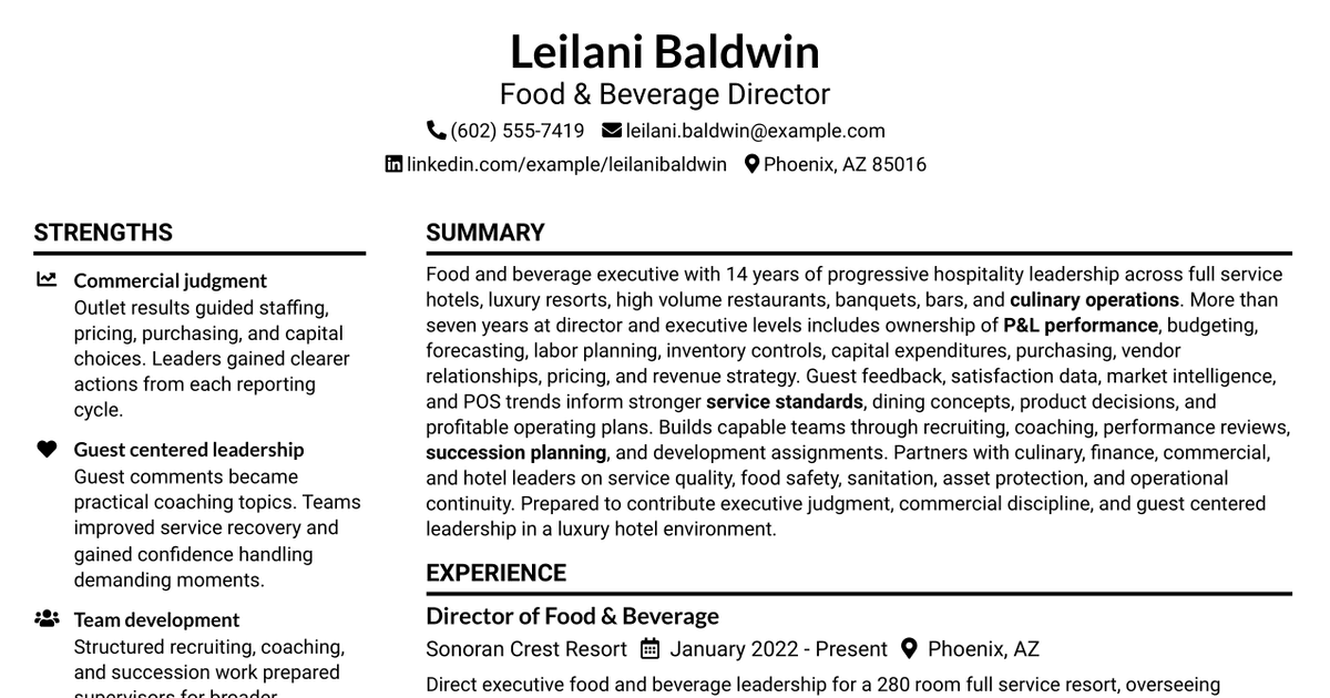 7 Food & Beverage Director Resume Templates with Example