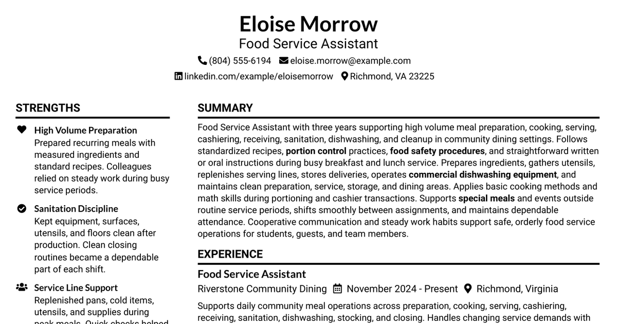 7 Food Service Assistant Resume Templates with Example
