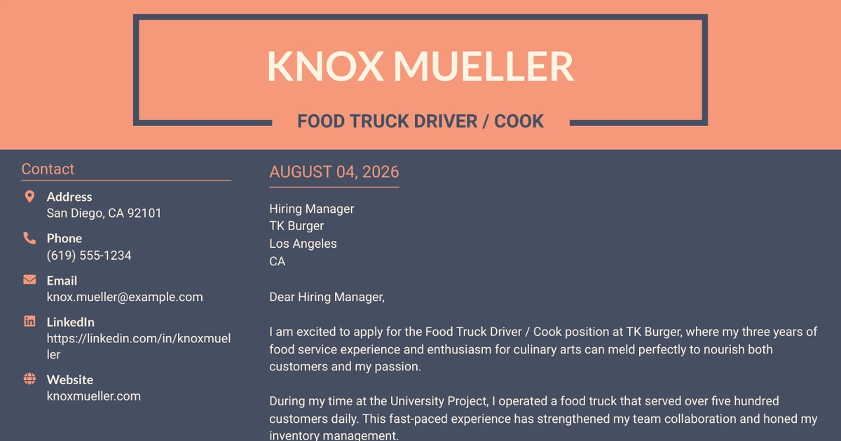 30+ Food Truck Driver / Cook Cover Letter Templates with Example 2026