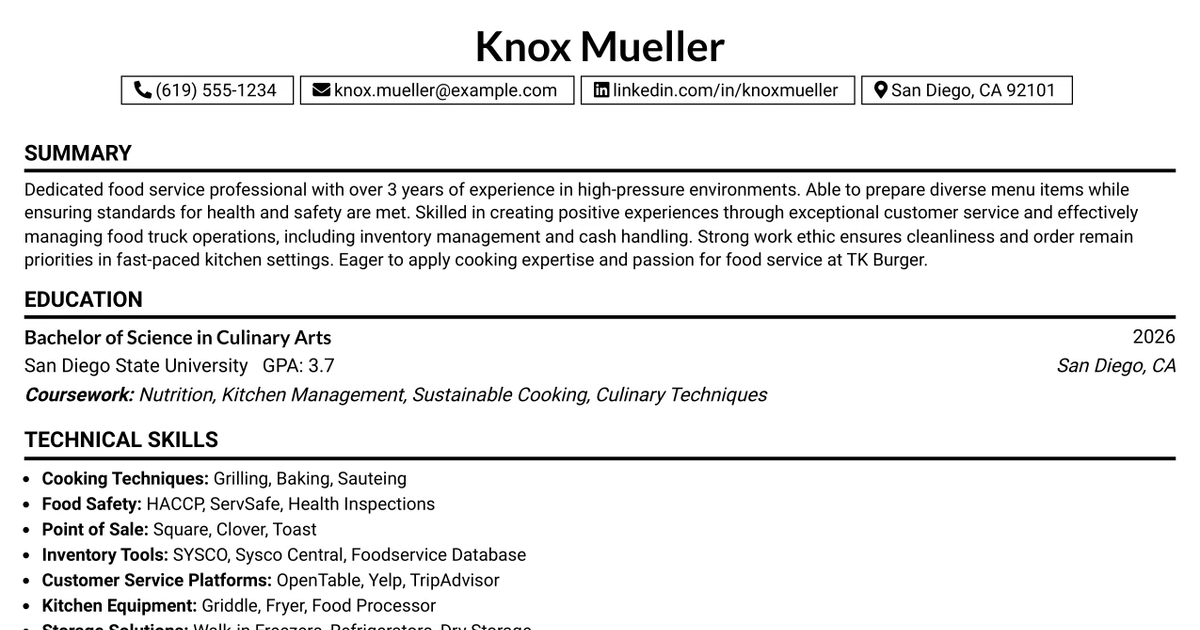 33 Food Truck Driver / Cook Resume Templates with Example 2026 (ATS-Optimized)