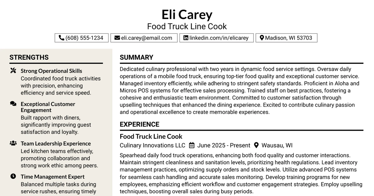 33 Food Truck Line Cook Resume Templates with Example 2026 (ATS-Optimized)