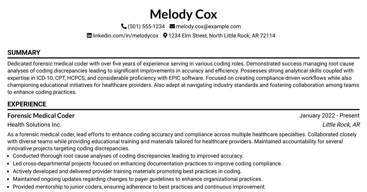 33 Forensic Medical Coder Resume Templates with Example 2026 (ATS-Optimized)