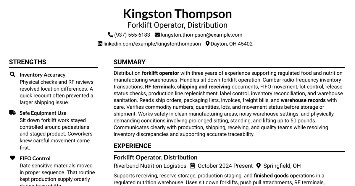 7 Forklift Operator - Distribution Resume Templates with Example