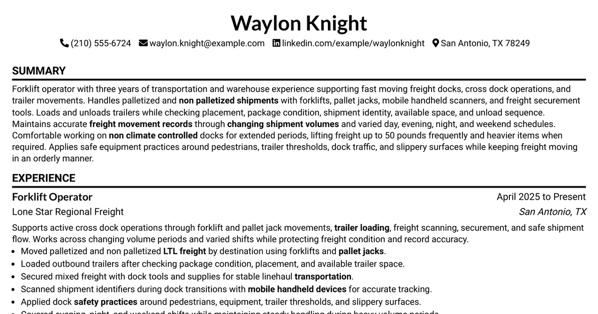 7 Forklift Operator Resume Templates with Example